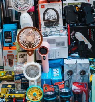 Vibrant collection of electronic gadgets on display at Colombo's Pettah Market, Sri Lanka.