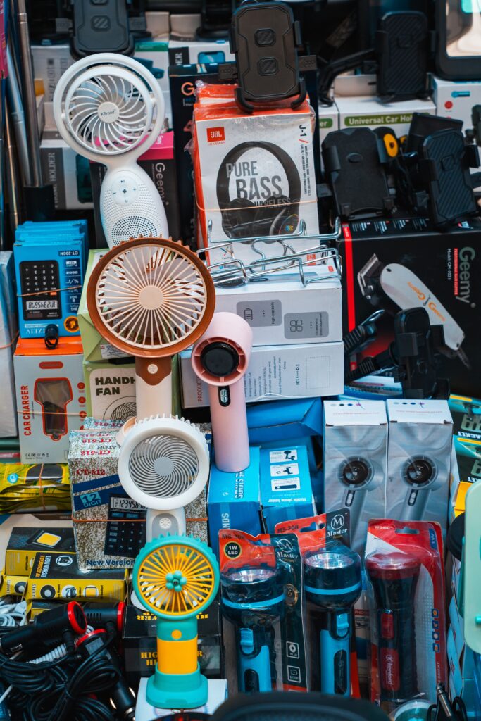 Vibrant collection of electronic gadgets on display at Colombo's Pettah Market, Sri Lanka.